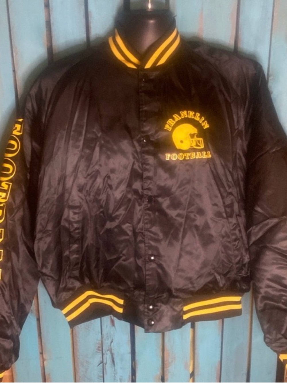 Vintage NASCO Satin bomber jacket Franklin Football size XL black gold quilted